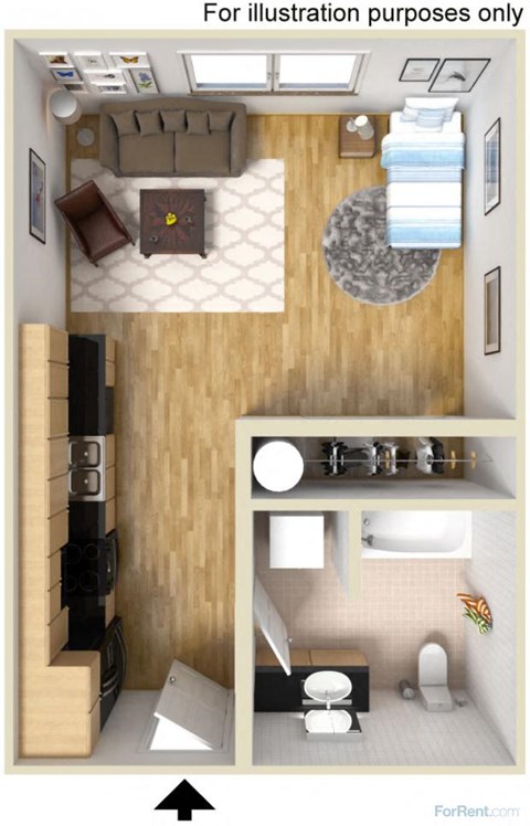 Floor plan for studio, 1 bath, 392 sqft